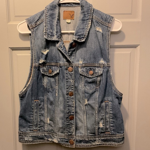 American Eagle Vintage Retro 90s Y2K look Boho Distressed Cropped Denim Vest XL - Picture 2 of 5